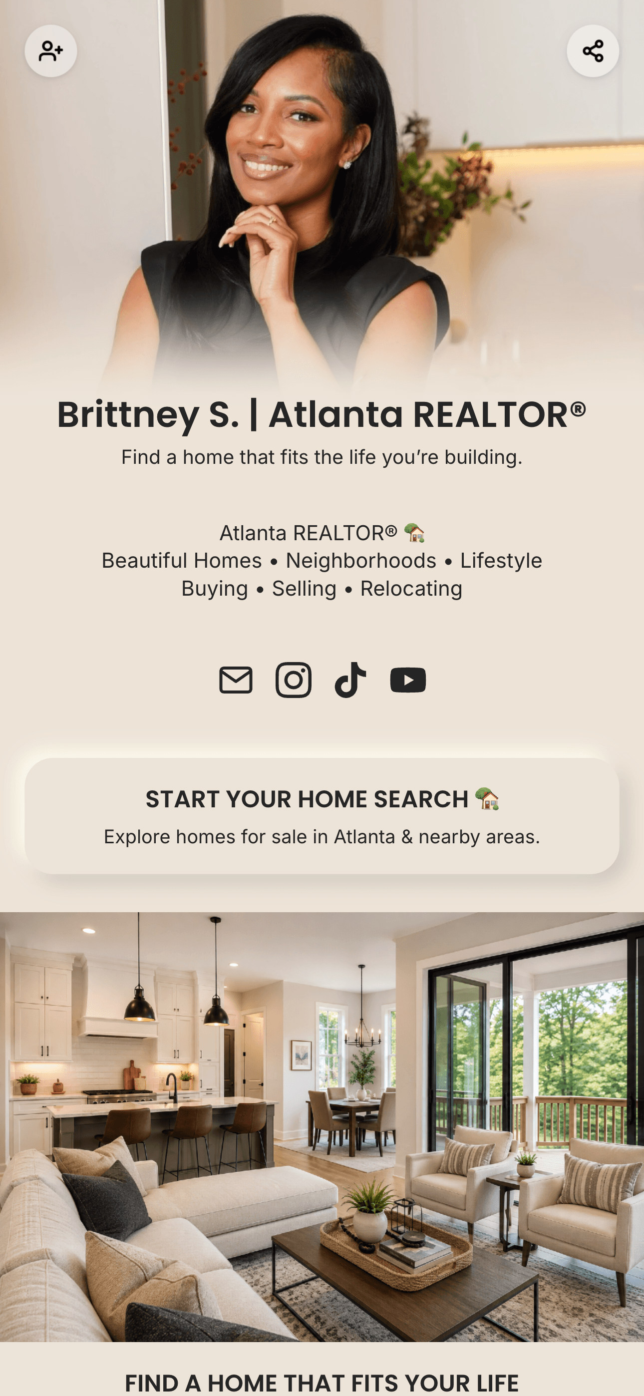 A creator page for a realtor, led by a home search block