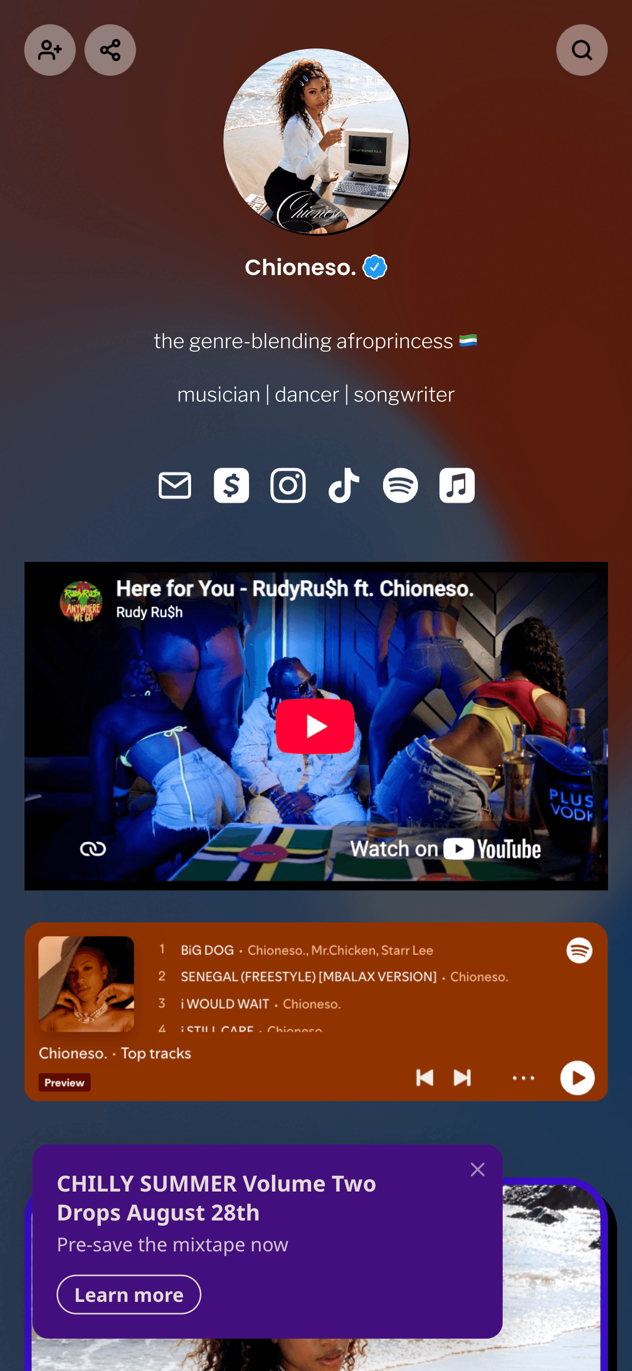 A finished creator page for musician and dancer Chioneso