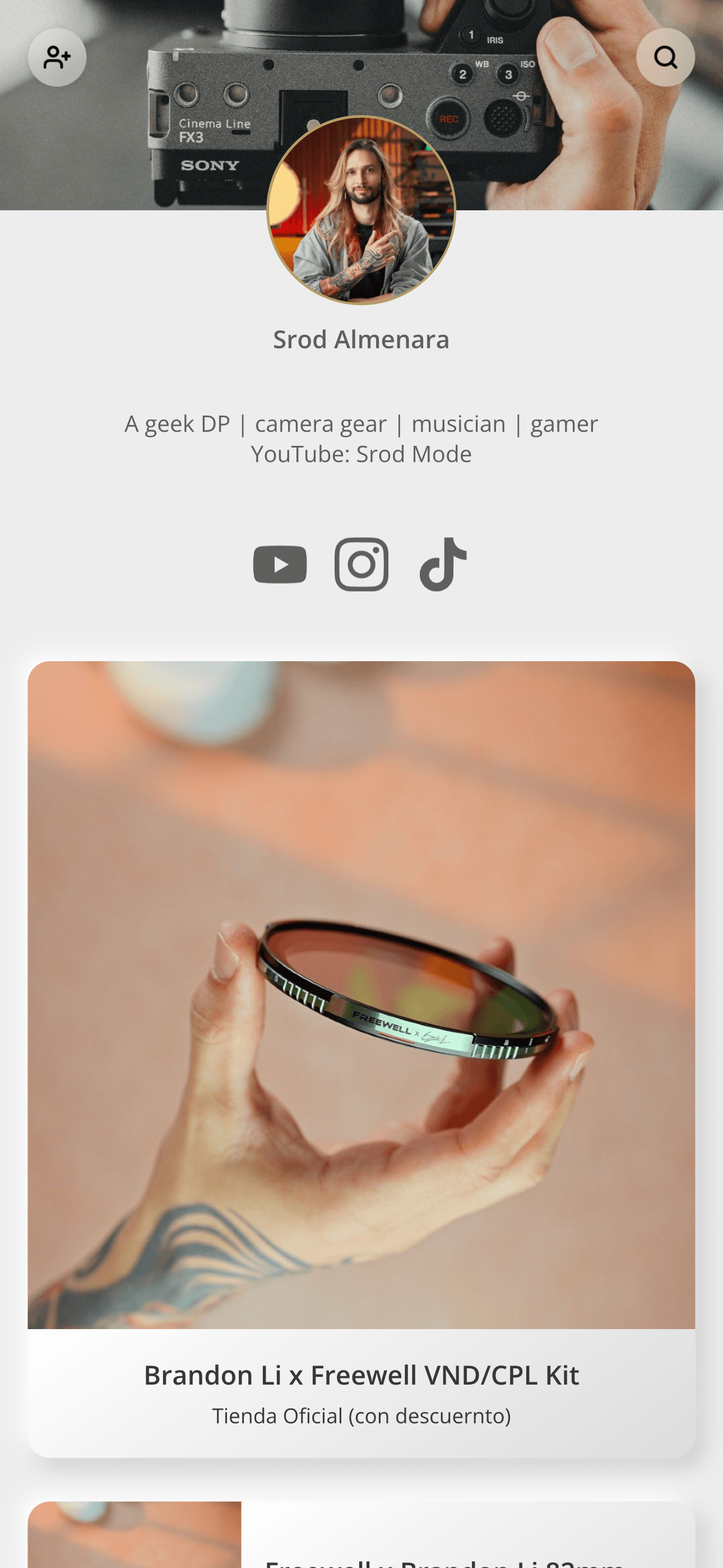 A creator page for a filmmaker recommending camera gear